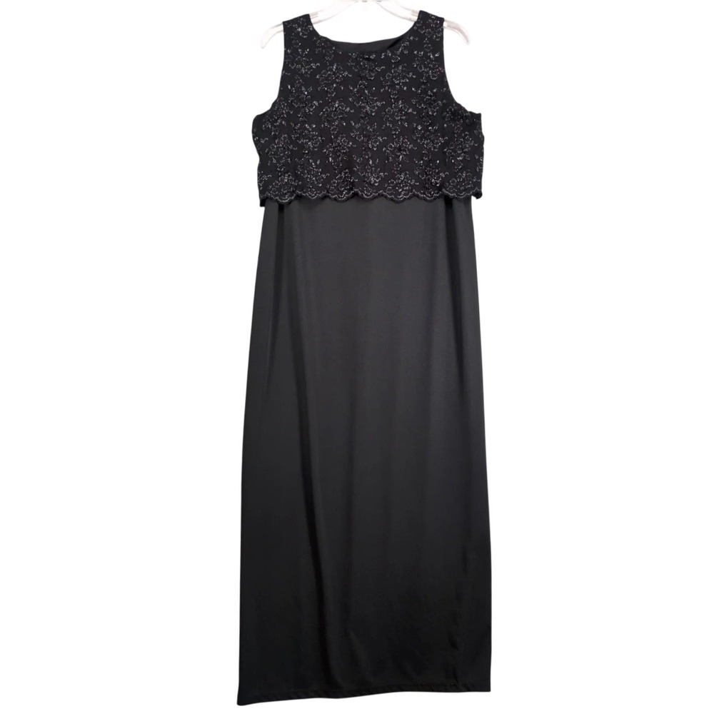 Vintage 90s AGB Byer California Sz 10/12 Sheath Maxi Dress Black Floral Applique